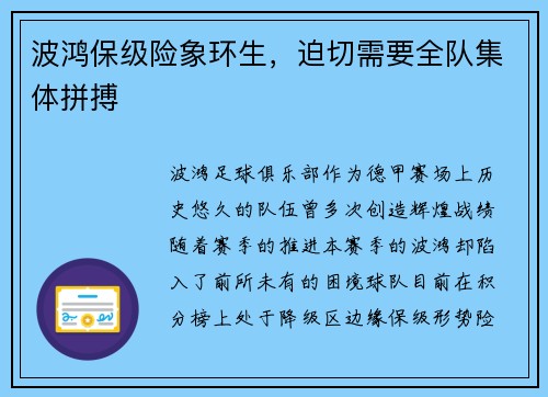 波鸿保级险象环生，迫切需要全队集体拼搏